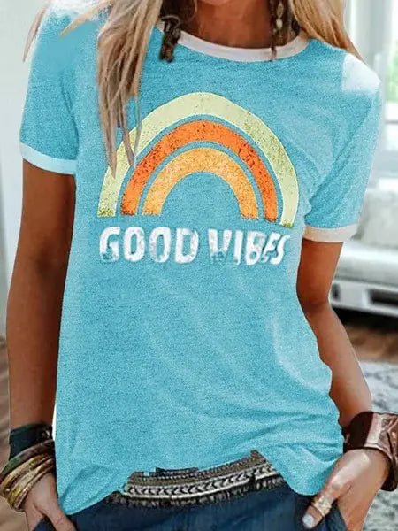 "Good Vibes" Groovy T-shirt Trendy Rainbow Tee Summer Positivity Women's Motivational Top