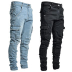 Street Denim Jeans Multi Pockets Elastic Pants Casual Mid Waist Slim Fit