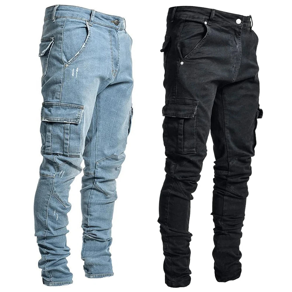 Street Denim Jeans Multi Pockets Elastic Pants Casual Mid Waist Slim Fit