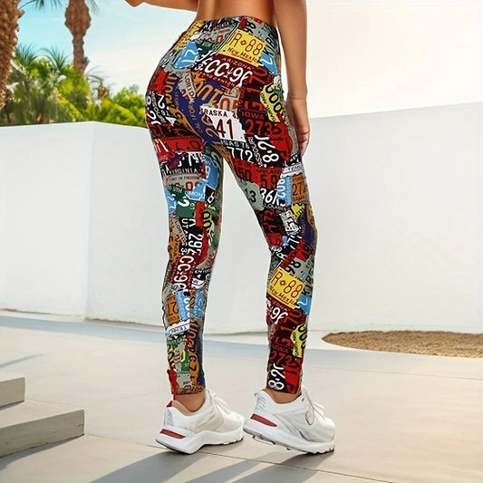 Leggings Elastic Activewear Matte Printed Colorful Graffiti Pants