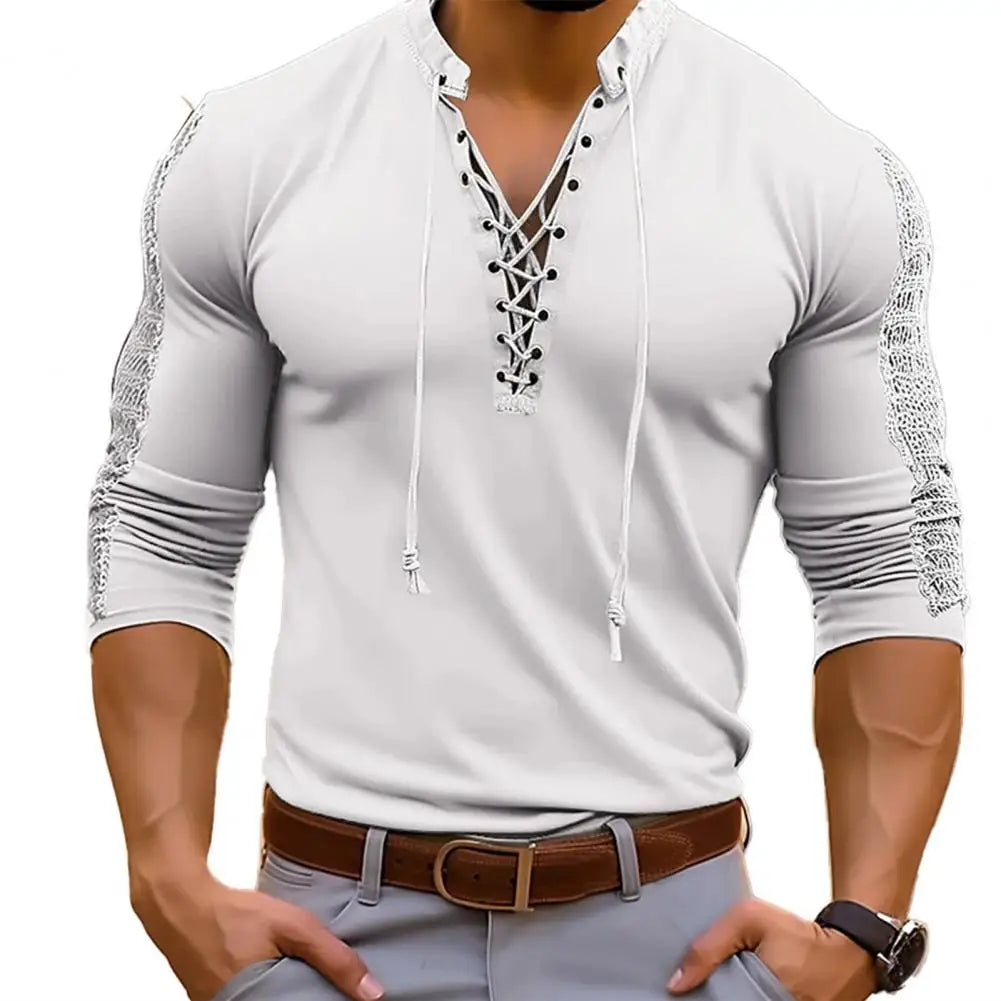 Men's Trendy Lace-Up Solid Colour Long-Sleeve V-Neck T-shirt Henley Collar Bridgerton Casual Shirt