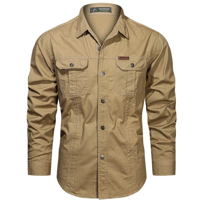 Cargo Shirt Long-Sleeve Cotton Full-Button Shirt With Breast Pockets