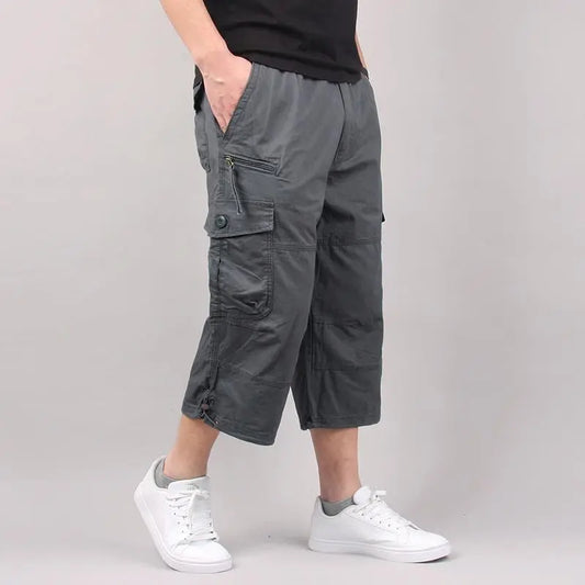 Capri Cargo Shorts Three-Quarter Crop Pants Loose Summer Casual Elastic Waist Multi Pockets