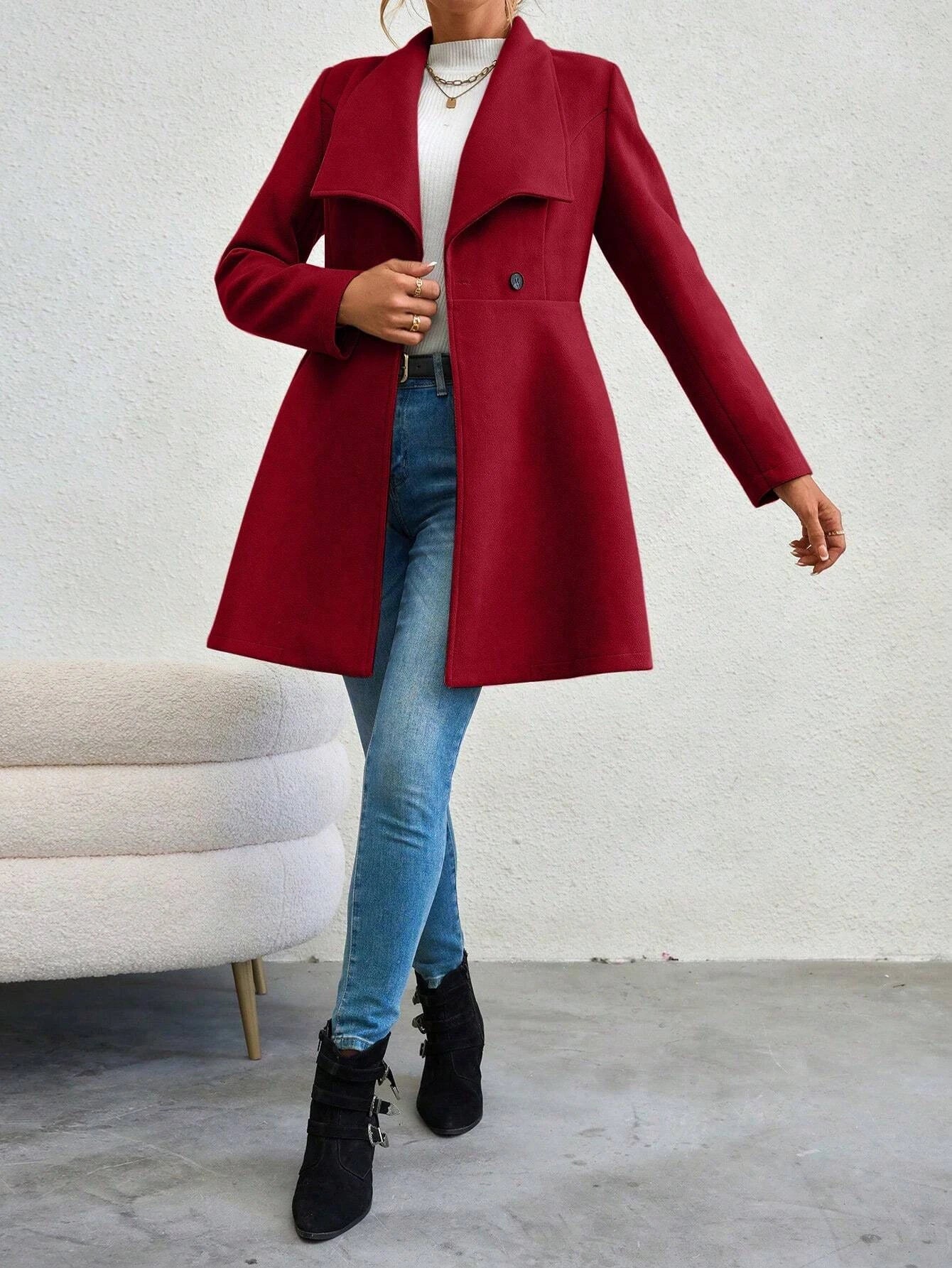 Double Breasted Coat French Lapels Button Up Mid Length Overcoat Cinched Waist-Keep Melbourne Marvellous Official Store