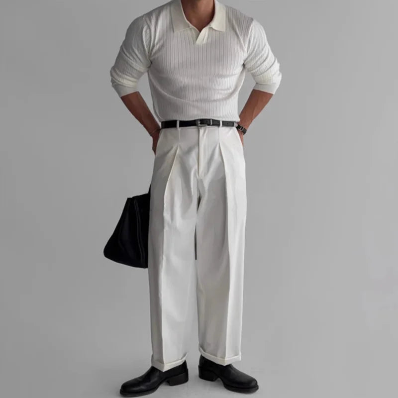 Men's Fashion Luxury V-neck Knitted Jacquard Polo Shirt Long-Sleeved