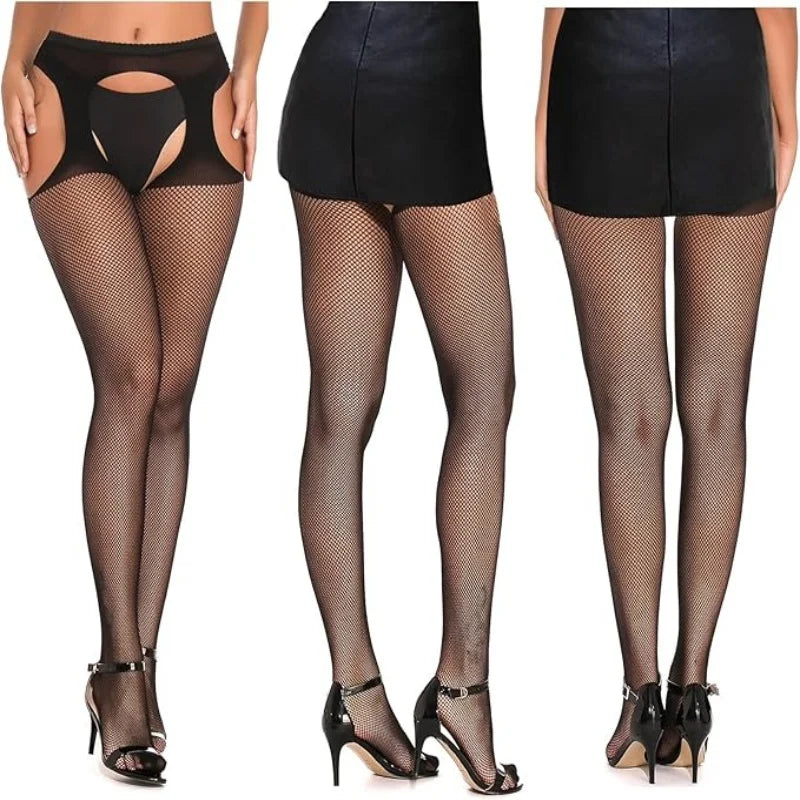 3 Pcs Fishnet Pantyhose Sexy Thigh-High Lingerie Stockings With Garter Belt