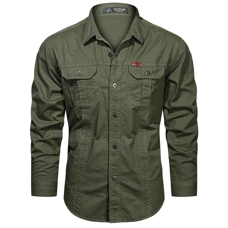 Cargo Shirt Long-Sleeve Cotton Full-Button Shirt With Breast Pockets