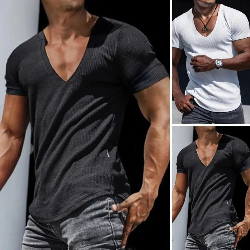 V-Neck Solid Colour T-shirt Breathable Quick Dry Summer Men's Pullover Top