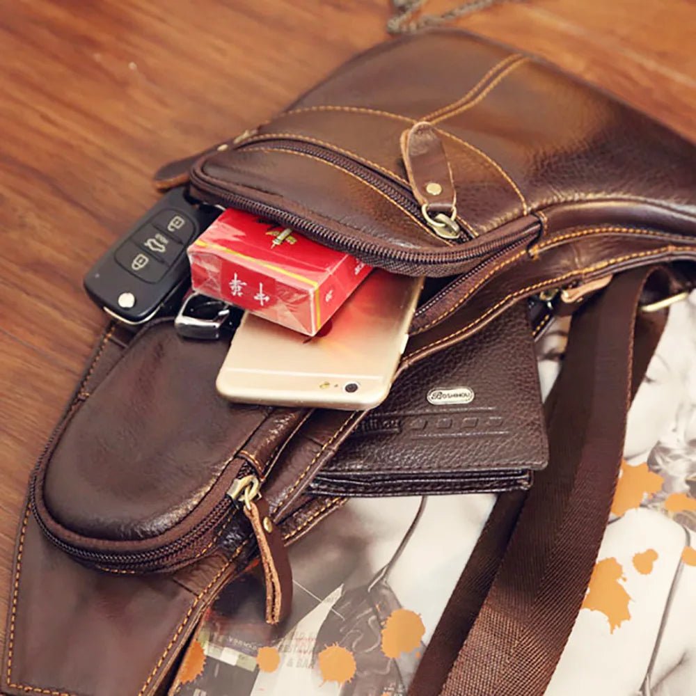 Men's Cross Body Shoulder Sling Backpack Chest Bag Pouch Genuine Leather