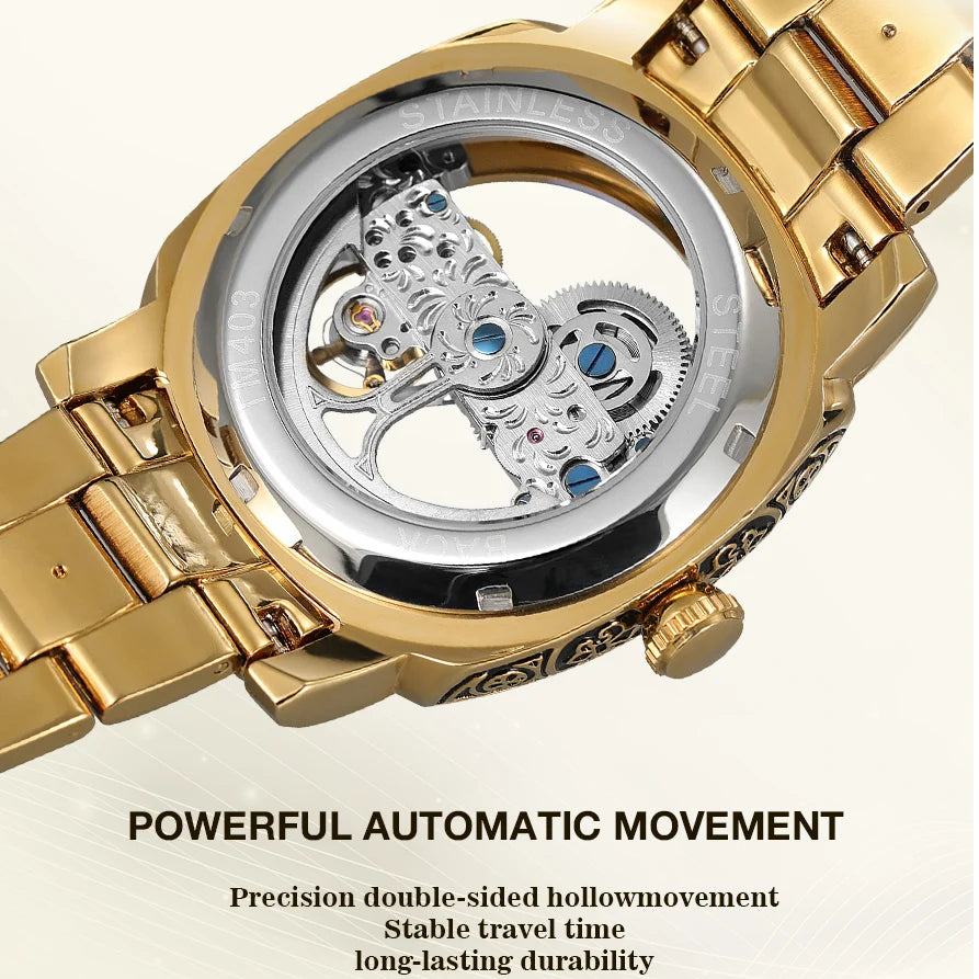 Statement Skeleton Mechanical Watch Stainless Steel Bronze Strap