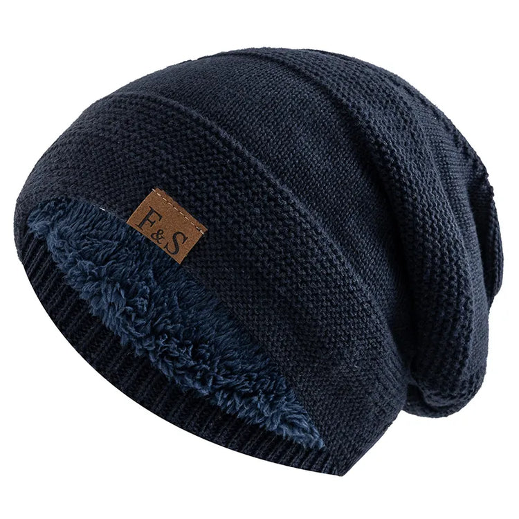 Warm Slouchy Fur-Lined Beanie Unisex Baggy Hat Knitted Skully