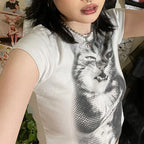 Vintage Wild Cat Pixel Print Crop Top T-shirt Women's