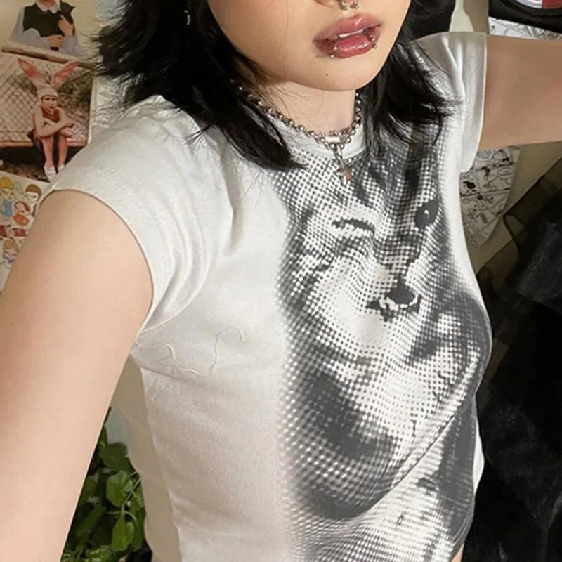 Vintage Wild Cat Pixel Print Crop Top T-shirt Women's