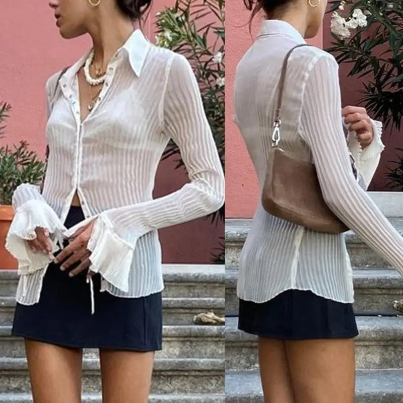 Sheer Top Flare Sleeve Blouse Vintage Gothic Design with French Lace Cuffs