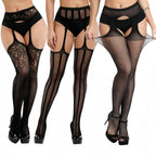 3 Pcs Fishnet Pantyhose Sexy Thigh-High Lingerie Stockings With Garter Belt