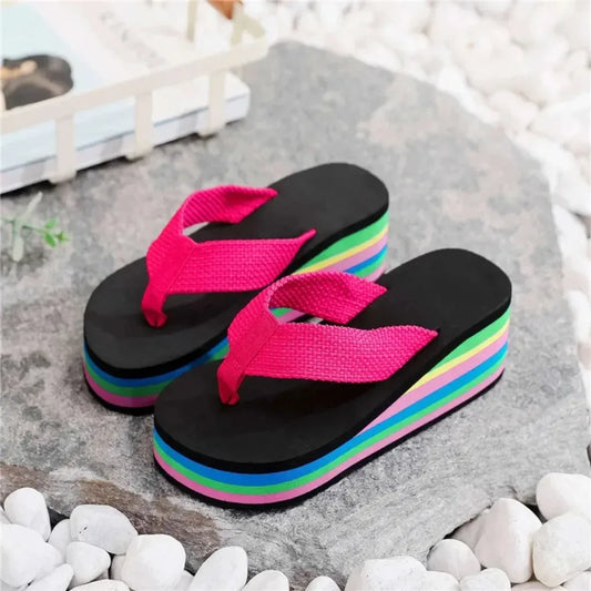 Platform Wedges Height Boosting Slides Chunky Elevator Rainbow Thongs Beach Flip Flops