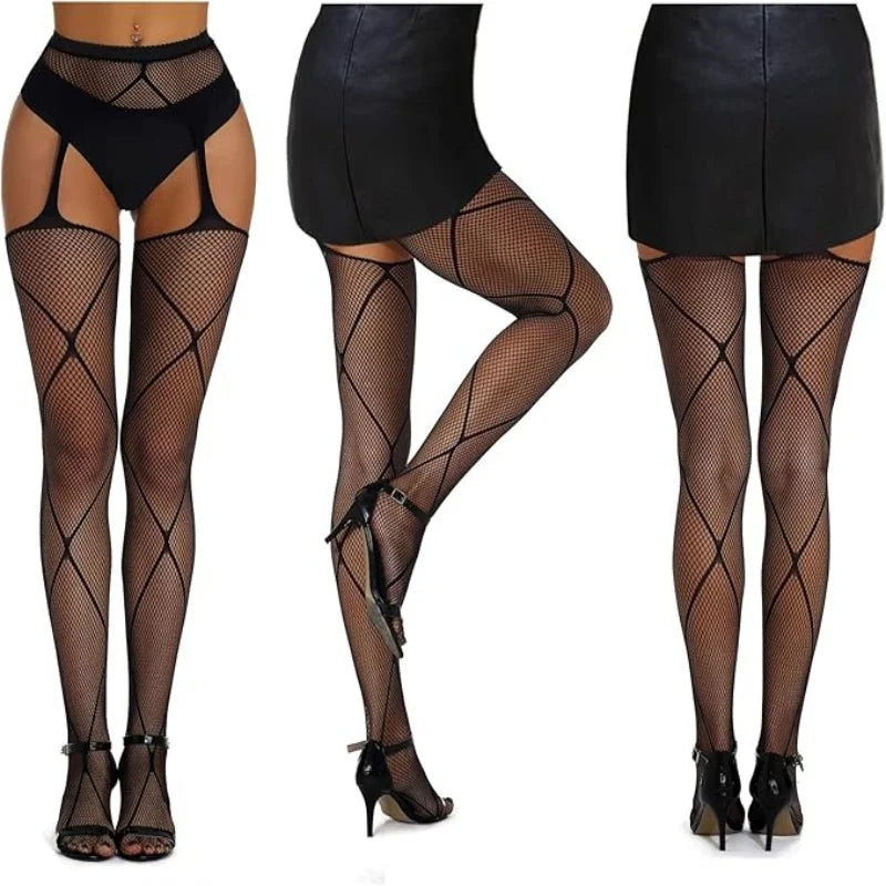 3 Pcs Fishnet Pantyhose Sexy Thigh-High Lingerie Stockings With Garter Belt
