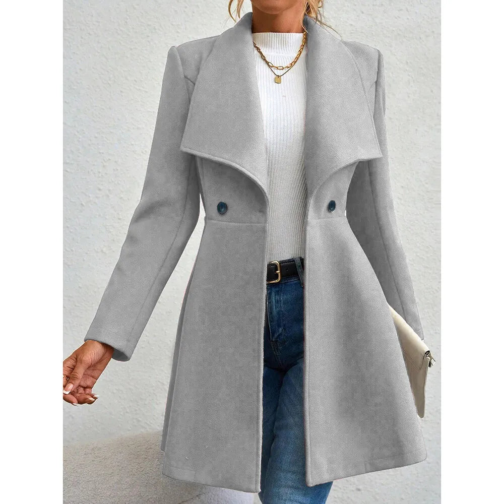 Double Breasted Coat French Lapels Button Up Mid Length Overcoat Cinched Waist-Keep Melbourne Marvellous Official Store