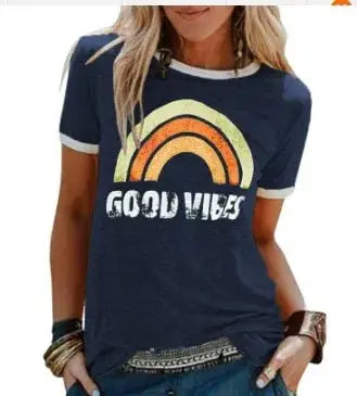 "Good Vibes" Groovy T-shirt Trendy Rainbow Tee Summer Positivity Women's Motivational Top