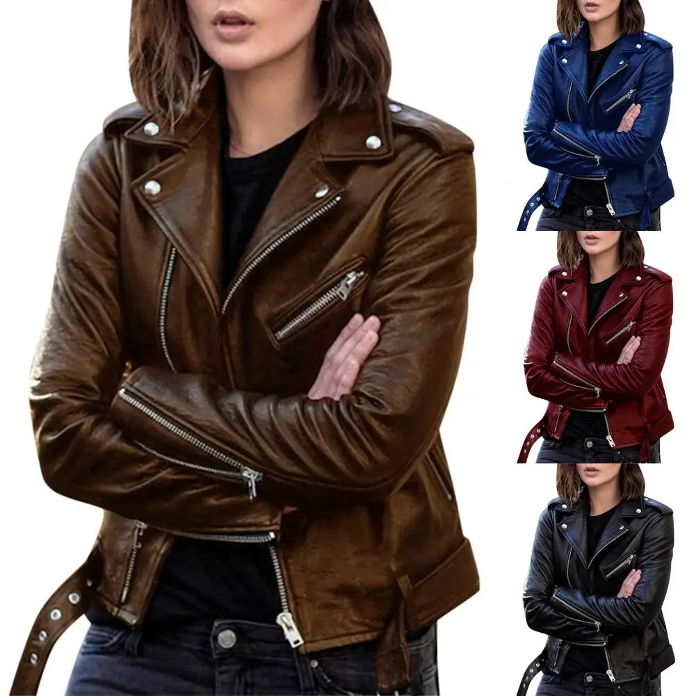 Jacket Classic Motor Biker Rider Faux Leather Women's Wear