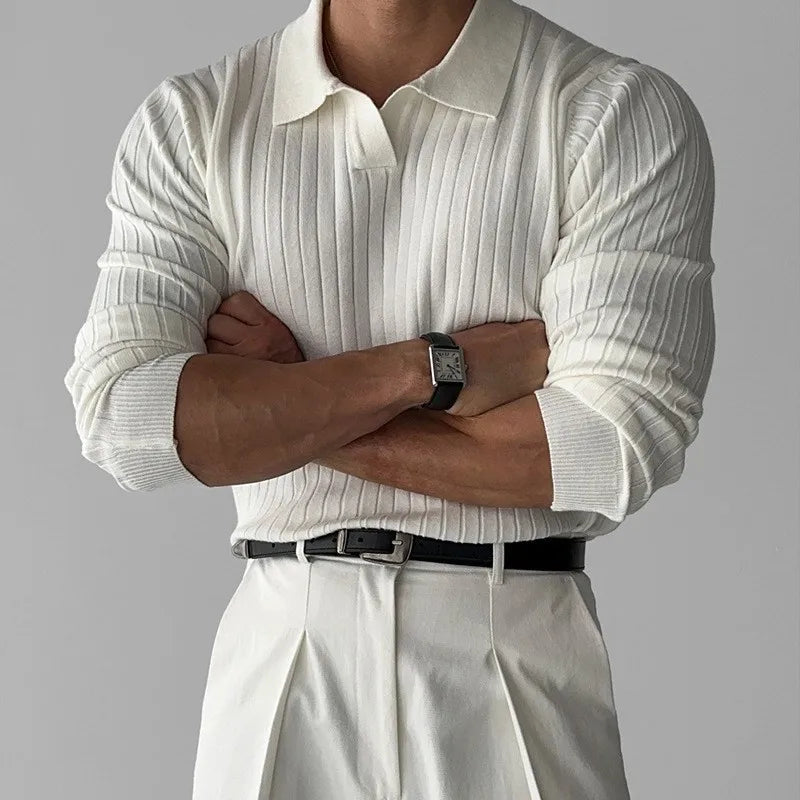Men's Fashion Luxury V-neck Knitted Jacquard Polo Shirt Long-Sleeved