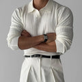 Men's Fashion Luxury V-neck Knitted Jacquard Polo Shirt Long-Sleeved