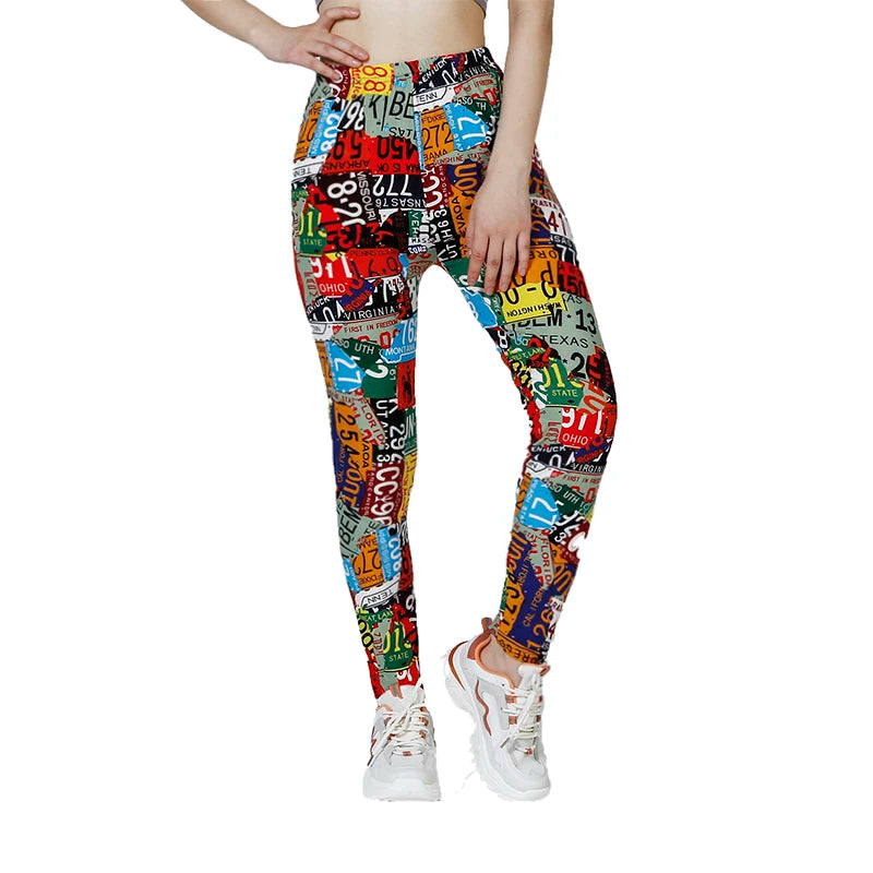 Leggings Elastic Activewear Matte Printed Colorful Graffiti Pants