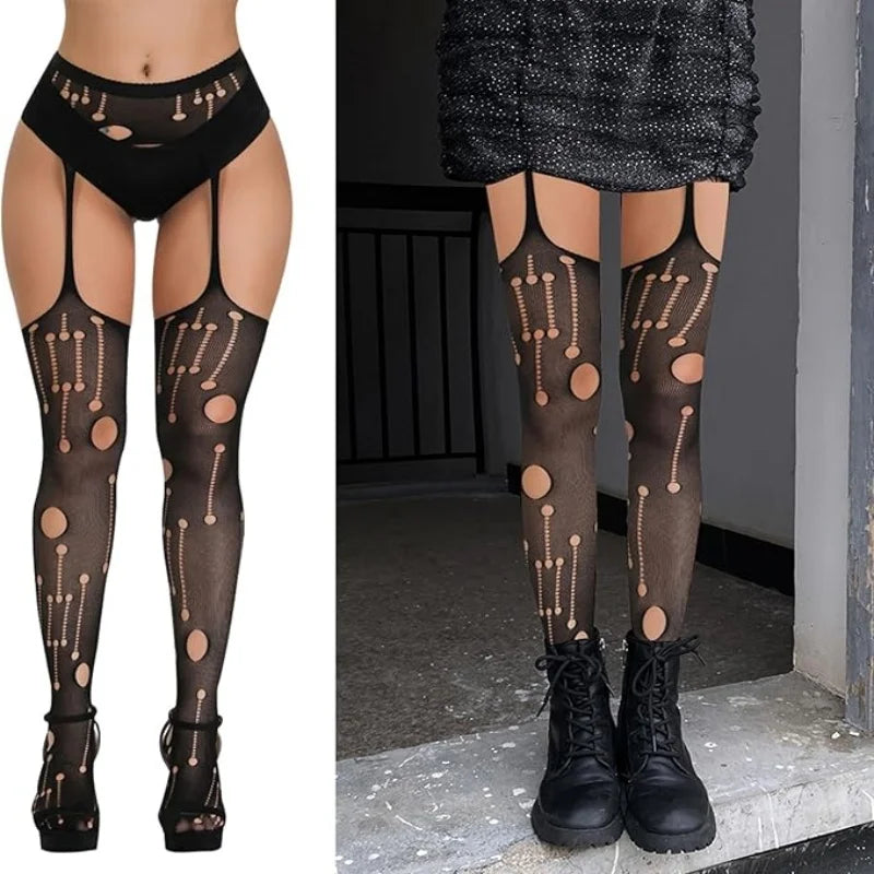 3 Pcs Fishnet Pantyhose Sexy Thigh-High Lingerie Stockings With Garter Belt
