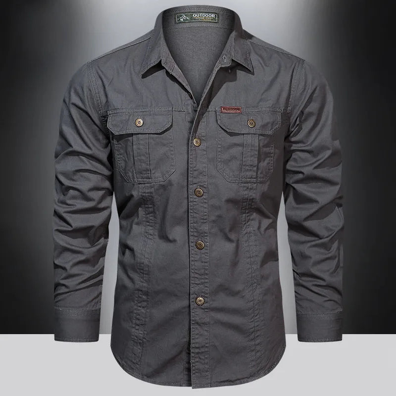 Cargo Shirt Long-Sleeve Cotton Full-Button Shirt With Breast Pockets