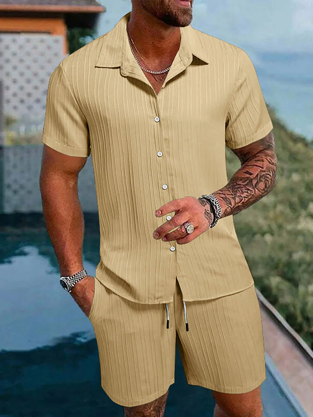 Men Casual Short Sleeve Shirt & Shorts 2pcs Combo Set Summer