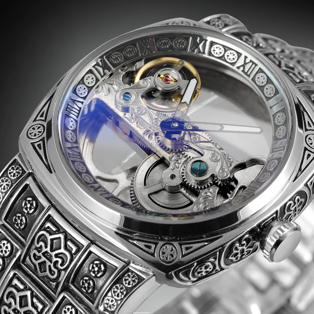 Statement Skeleton Mechanical Watch Stainless Steel Bronze Strap