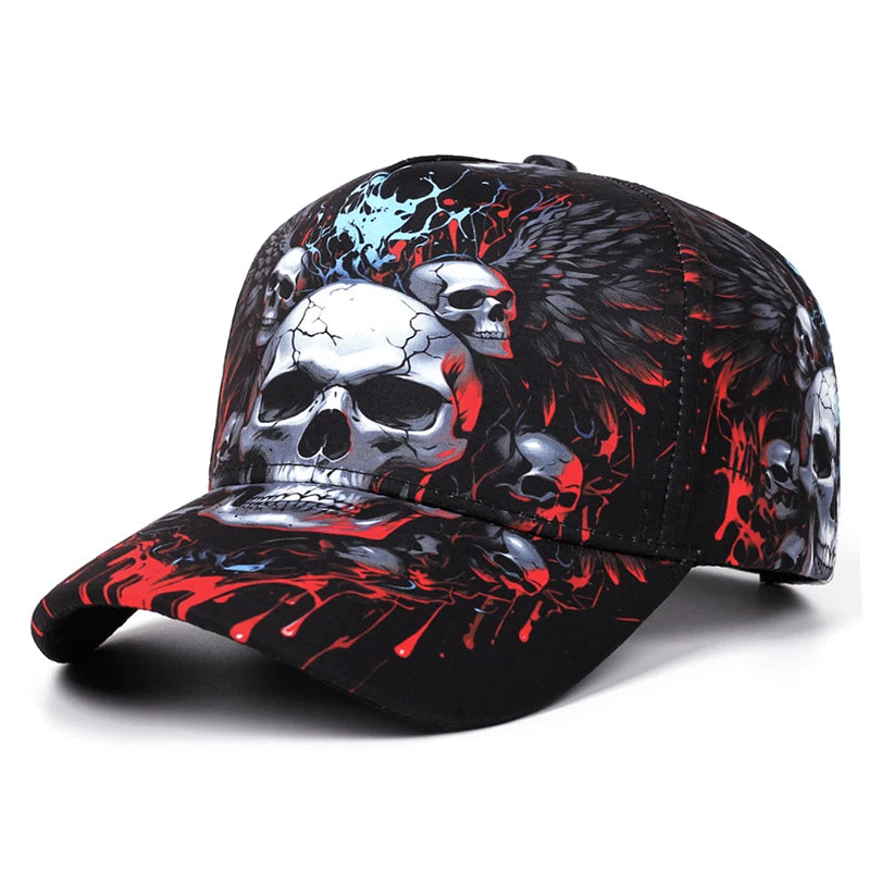 A black baseball cap featuring a detailed graphic print of silver skulls, red splatters, and dark wings on a white background.