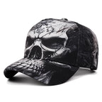 A black baseball cap featuring a highly detailed, 3D skull print in black and white across the entire crown and brim, shown on a clean white background.