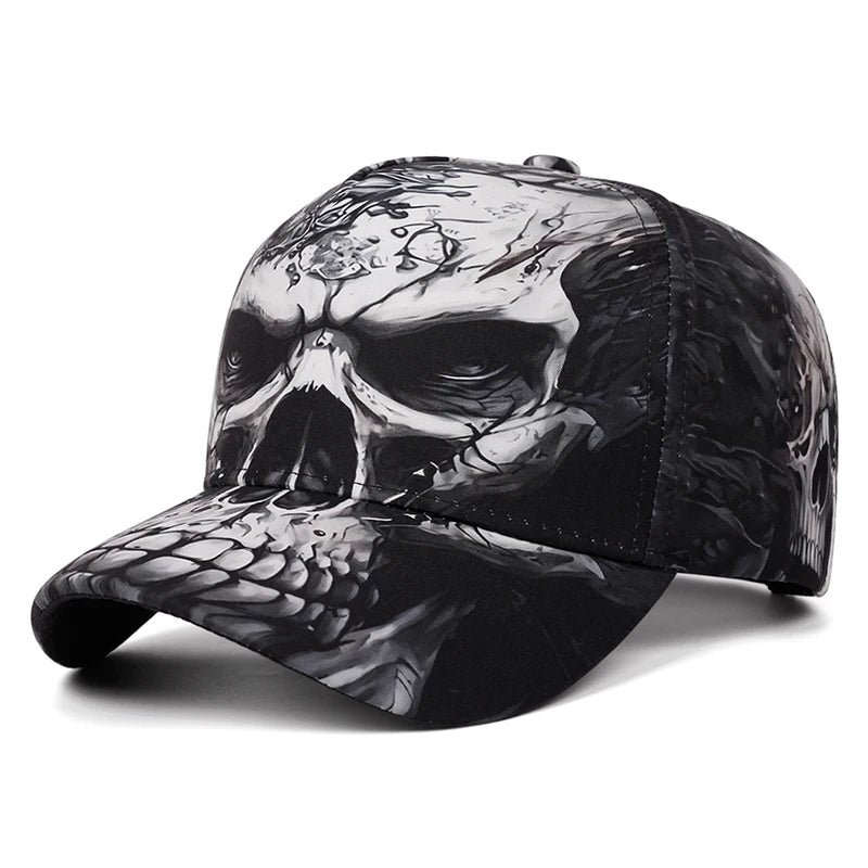 A black baseball cap featuring a highly detailed, 3D skull print in black and white across the entire crown and brim, shown on a clean white background.