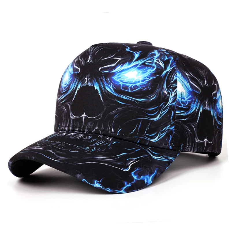 A black baseball cap featuring a detailed graphic print of a skull with glowing blue and white lightning effects, shown against a plain white background.