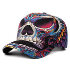 A baseball cap featuring a vibrant, multicolored sugar skull and wing graphic print on a black base, shown against a plain white background.