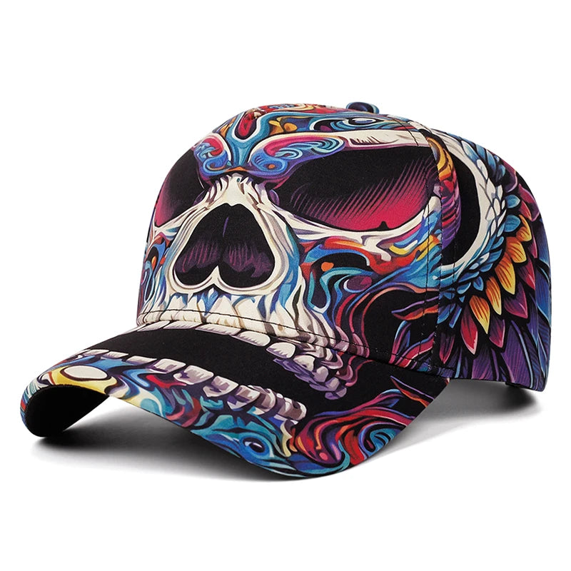 A baseball cap featuring a vibrant, multicolored sugar skull and wing graphic print on a black base, shown against a plain white background.