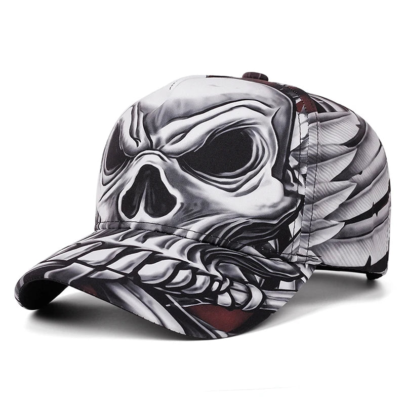 A baseball cap featuring a detailed black and white skull and wing graphic print, shown on a clean white background.