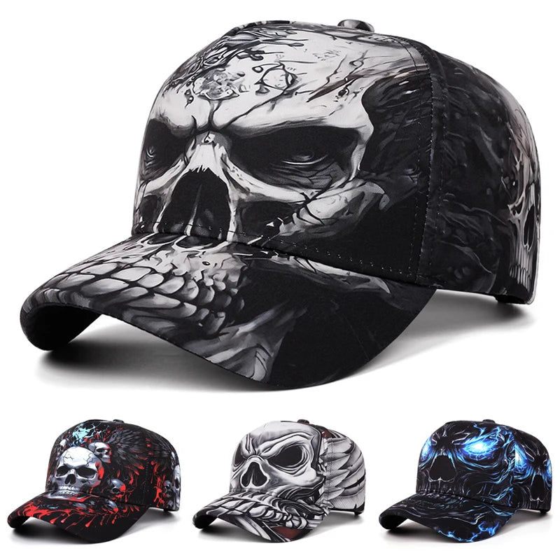 A baseball cap with a large black and white skull graphic on the front and brim, shown on a white background with three smaller color variant thumbnails along the bottom.