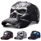 A baseball cap with a large black and white skull graphic on the front and brim, shown on a white background with three smaller color variant thumbnails along the bottom.