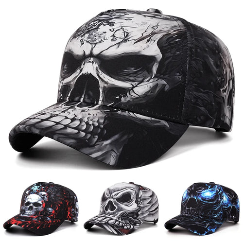 A baseball cap with a large black and white skull graphic on the front and brim, shown on a white background with three smaller color variant thumbnails along the bottom.