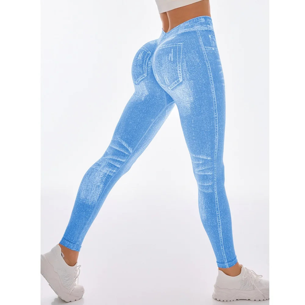 Women's Sport Yoga Leggings Faux Jeans Skinny Tight Seamless Fitness Pants