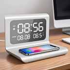 Digital clock with phone charging pad on a desk