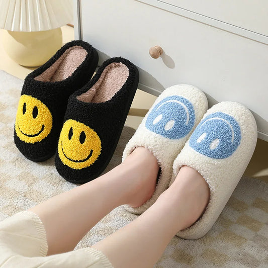 Smiley Face Slippers Happy Soft Fluffy Fur Comfortable Cute Smiling Bath House Shoes