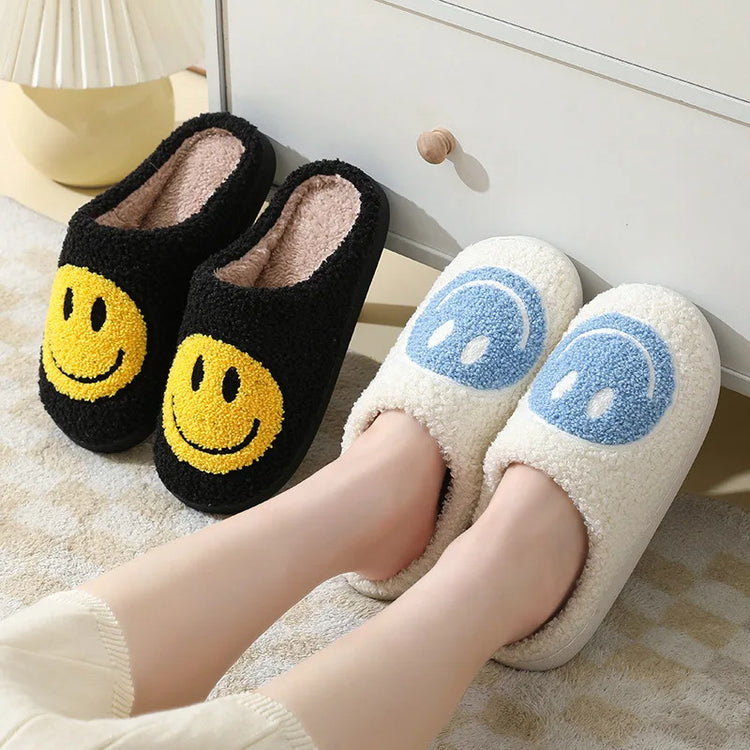 Smiley Face Soft Slippers Happy Fluffy Fur Comfortable Smiling House Shoes