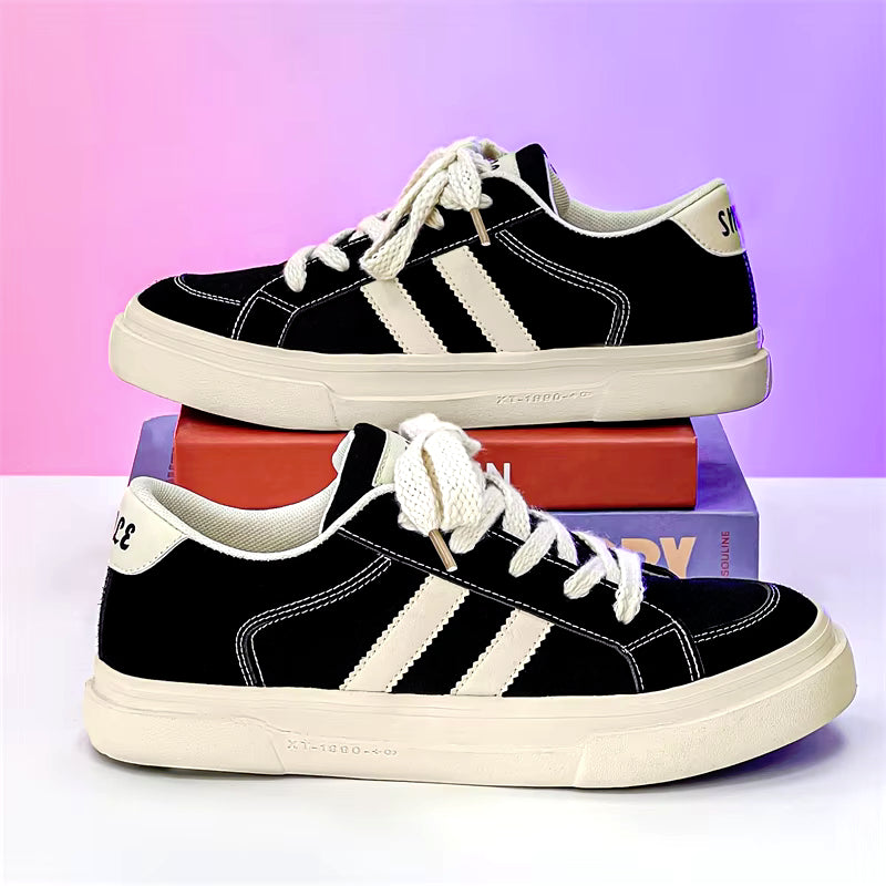 Sneakers With Stripes Flat Breathable Canvas Casual Lace-up Runners