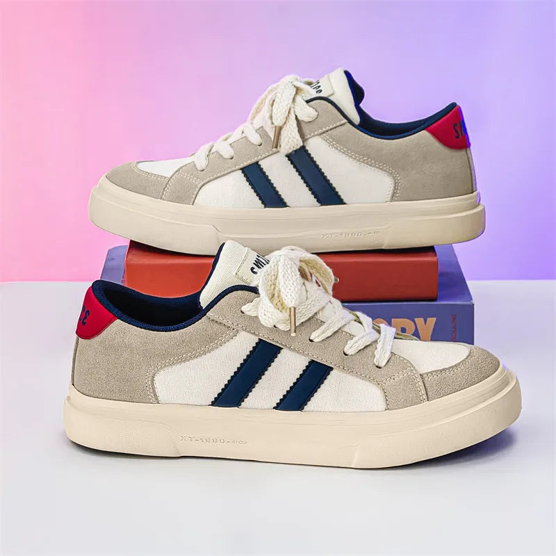 Sneakers With Stripes Flat Breathable Canvas Casual Lace-up Runners