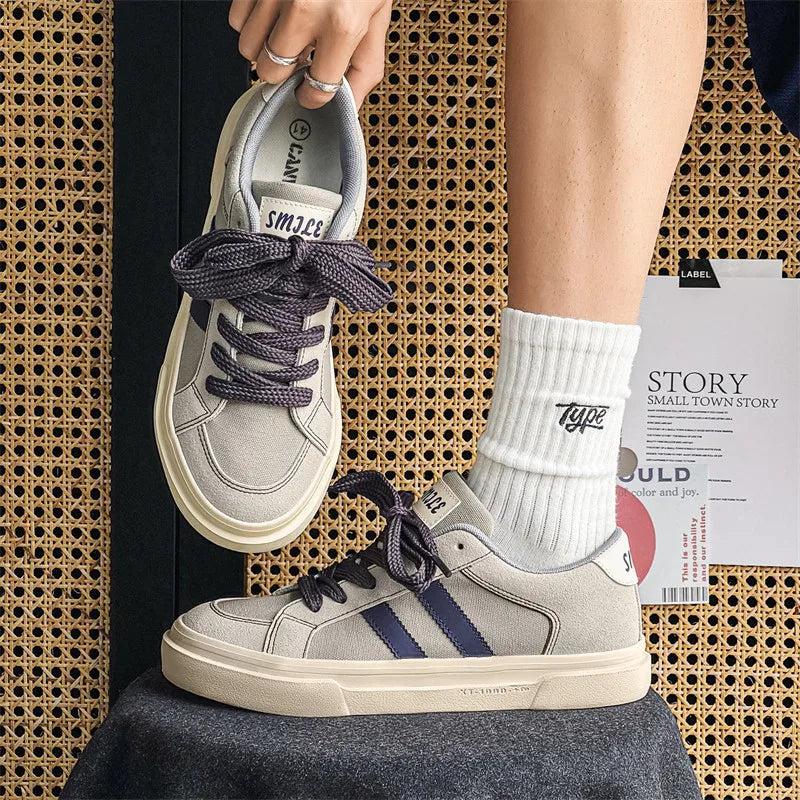 Sneakers With Stripes Flat Breathable Canvas Casual Lace-up Runners