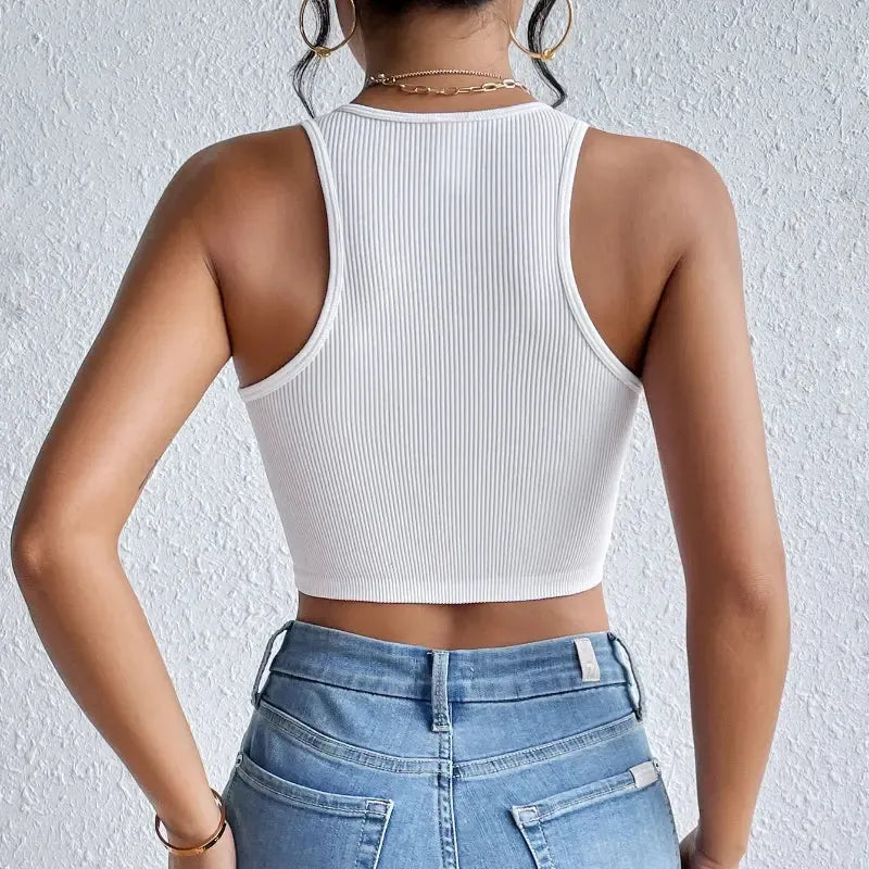 Solid Ribbed Crop Tank Top Sleeveless Women's Elastic Rib-Knit Summer