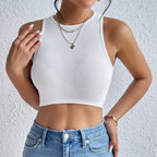 Solid Ribbed Crop Tank Top Sleeveless Women's Elastic Rib-Knit Summer